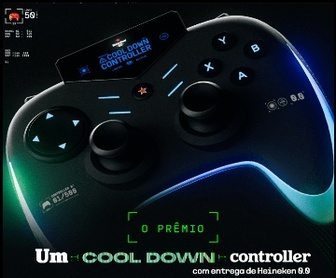 Imagem promocional da campanha Heineken 0.0 The Cool Down Controller, mostrando um controle gamer personalizado, latas de cerveja Heineken 0.0 e elementos gráficos relacionados ao universo dos games.