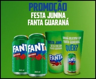 Copo colecionável exclusivo da Promoção Festa Junina Fanta Guaraná 2025 com design colorido sobre mesa