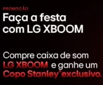 Imagem promocional da LG XBOOM destacando a oferta de um copo térmico Stanley como brinde para quem adquirir uma caixa de som da linha XBOOM em lojas participantes entre 27 de outubro e 31 de dezembro de 2024.