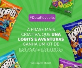 Imagem promocional do Desafio Lobits, com o mascote Lobinho ao lado de pacotes de salgadinhos Lobits, convidando os participantes a criar frases criativas para ganhar um Kit Lobits + Lobinho. A imagem destaca o mascote aventureiro e os produtos, com uma chamada para participar da promoção no Instagram.