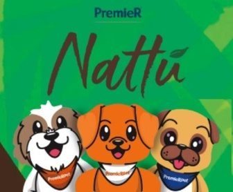 Imagem da Promoção Pets Colecionáveis Nattu PremieR 2025, mostrando pelúcias exclusivas dos cães Golden, Pug e Shih Tzu, que podem ser ganhas ao adquirir produtos Premier® Nattu.