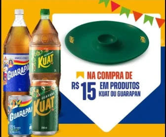 Banner colorido da promoção Encontros da Festa Junina com os logos de Kuat e Guarapan, com imagens de garrafas das marcas e uma petisqueira personalizada, ao lado de elementos típicos de festa junina como bandeirinhas e milho.