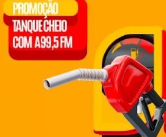 Imagem promocional da Promoção Tanque Cheio 99,5 FM mostrando a oferta de vales-combustível de R$150 para moradores de Goiânia e região metropolitana. A imagem destaca a rádio 99,5 FM, com um veículo reabastecendo e o logo da promoção.