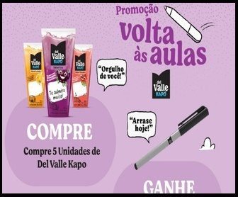 Imagem da Promoção Kapo 2025 Volta às Aulas mostrando sucos Del Valle Kapo e a caneta permanente exclusiva para brinde.