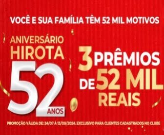 O Hirota Food Supermercados, uma das mais respeitadas redes de supermercados da Grande São Paulo, está celebrando seu aniversário de 52 anos com uma promoção extraordinária. Durante essa celebração, a rede está oferecendo a chance de ganhar prêmios em barras de ouro que podem transformar seu ano. São 8 prêmios de R$ 5.000,00 e, para quem sonha alto, 3 prêmios impressionantes de R$ 52.000,00. Essa é a sua oportunidade de aproveitar as ofertas incríveis do Hirota e, ao mesmo tempo, concorrer a prêmios que podem fazer a diferença na sua vida.