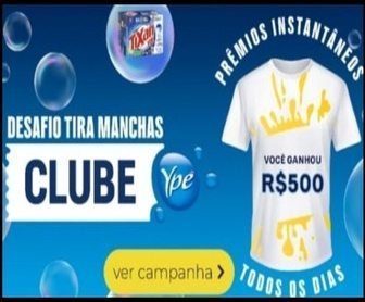 Imagem promocional do Desafio Tira Manchas do app Clube Ypê, sorteando R$500 em saldo PicPay diariamente para participantes que interagem no aplicativo.
