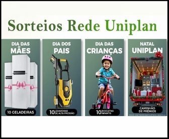 Clientes da Rede Uniplan sorrindo ao lado de eletrodomésticos e prêmios como geladeira, bicicleta infantil, cartões pré-pagos e caminhão de prêmios, destacando os sorteios da promoção Uniplan Premia 2025.