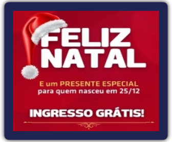 Imagem promocional da campanha da Cinesystem: "Aniversariantes do Natal ganham ingresso grátis". A arte apresenta um fundo temático natalino, com elementos como luzes e decoração de Natal, além do texto que destaca o benefício exclusivo para nascidos no dia 25 de dezembro.