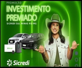 Cartaz da promoção Investimento Premiado Sicredi Sul Minas RS/MG com imagens de carros, iPhones, TVs e cervejeiras, destacando a chance de ganhar prêmios ao investir em Capital Social entre 14/05/2025 e 30/04/2026.