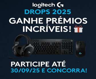 Imagem promocional colorida destacando a campanha Logitech G Drops, mostrando periféricos gamer como headsets, teclados e mouses ao redor do texto “Participe e concorra a prêmios incríveis”, com detalhes chamativos e ícones gamer, incentivando os seguidores a interagir no Instagram para participar dos sorteios.