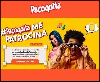 Imagem promocional colorida da campanha #PaçoquitaMePatrocina 2025, mostrando um pote de Paçoquita com elementos gráficos chamativos, acompanhada de informações sobre como participar do concurso cultural e prêmios oferecidos, incluindo kit exclusivo e crédito no iFood.