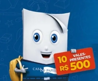 Imagem promocional da campanha Mega Feirão de Volta às Aulas da Casa do Papel. A imagem apresenta um layout colorido e atraente, destacando materiais escolares, vales-presente e informações sobre a promoção.