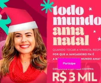 Imagem promocional da Jangadeiro FM Natal 2024 com o tema “Todo Mundo Ama o Natal”, destacando um prêmio de R$3.000,00 em um cartão pré-pago. A imagem contém elementos natalinos como árvores de Natal, estrelas e presentes, com o logotipo da Jangadeiro FM e informações sobre o período da promoção.