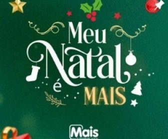 Imagem de divulgação da Promoção Mais Supermercado Natal 2024, mostrando os prêmios disponíveis, como notebook, celular, TV e eletrodomésticos, com foco nas oportunidades de ganhar durante as compras realizadas nas lojas físicas da Rede Mais.