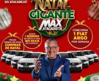 Banner promocional do Natal Max Atacadista 2024 destacando a chance de ganhar um Fiat Argo 0km toda semana, com imagens do carro, detalhes das condições de participação e o logo da campanha.