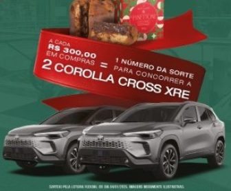 Imagem promocional do Natal do ParkShopping São Caetano 2024, destacando o sorteio de dois Toyota Corolla Cross XRE e o brinde exclusivo do panettone Bacio di Latte para clientes que cadastrarem suas notas fiscais no APP Multi. A imagem inclui elementos natalinos, como decoração temática e os prêmios em evidência.