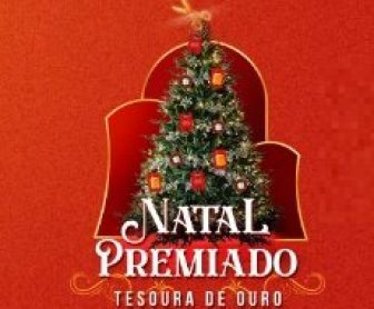 Banner promocional da Promoção Natal Premiado Tesoura de Ouro 2024, destacando prêmios como vouchers de viagem CVC no valor de R$ 6.000,00 e cartões de débito pré-pagos com saldo de R$ 5.000,00, incentivando a participação dos clientes que realizarem compras nas lojas físicas da Tesoura de Ouro.