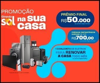 Imagem promocional colorida da campanha “Girando Sol na Sua Casa”, mostrando produtos de limpeza Girando Sol ao lado de ícones de prêmios em dinheiro, como R$50 mil, e eletrodomésticos, destacando a chamada para cadastro de notas fiscais no site oficial.