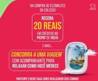 Imagem promocional da Risqué Manicores, com destaque para a linha de esmaltes e a oferta de prêmios como voucher de viagem e créditos no PicPay.