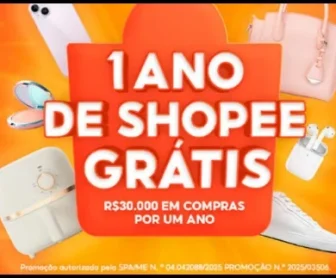 Banner da Promoção Shopee 7.7 com destaque para o prêmio de R$30 mil em compras grátis por um ano, moedas Shopee, cupons de frete grátis e o período da campanha de 12/06/2025 a 08/07/2025.