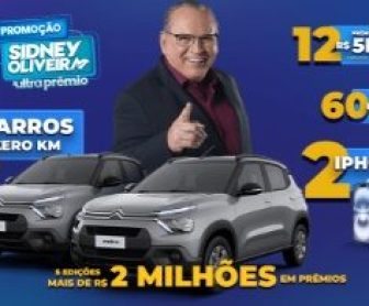 Imagem promocional da promoção UltraPrêmio Sidney Oliveira 2025, com destaque para os prêmios oferecidos, como carros Citroën, iPhones 16 e cartões pré-pagos.