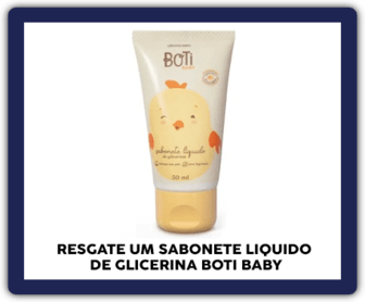 Imagem promocional da campanha do Boticário para o mês das crianças 2024, oferecendo gratuitamente um Sabonete Líquido de Glicerina Boti Baby de 50ml. A imagem destaca o produto e as principais instruções para participação, como o cadastro no aplicativo ou site da campanha.