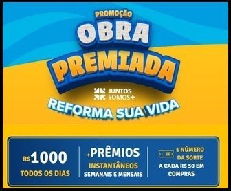 Banner promocional da campanha Obra Premiada 2025 com prêmios em dinheiro, vouchers e viagem, promovida por Votorantim, Gerdau, Tigre e Vedacit.