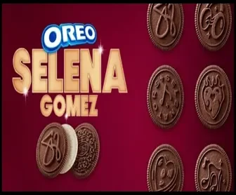 Biscoitos Oreo edição especial Selena Gomez com designs exclusivos e autógrafo da cantora.