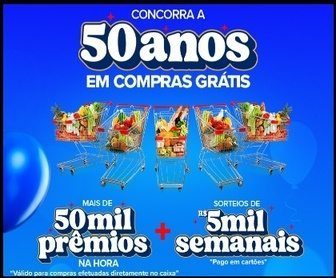 Banner da promoção Aniversário Carrefour 50 anos mostrando prêmios de até 50 anos de compras grátis, vale-compras instantâneos e sorteios semanais de R$ 5 mil válidos até 30 de outubro de 2025.