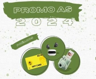 Banner promocional da AS Promoções 2024, destacando os prêmios oferecidos, incluindo uma Câmera Fujifilm Instax Mini 12, fones Samsung Galaxy Buds FE e Gift Cards de R$ 50,00 para o app Zé Delivery, com informações sobre as modalidades de participação e datas.