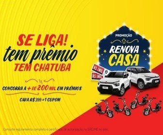 Imagem promocional da Promoção Renova Casa Chatuba 2024, destacando os prêmios disponíveis, incluindo carros Citroën C3, scooters X11 e vales-compra de R$ 1.000,00. A imagem apresenta elementos visuais atrativos que refletem a reforma de casas e os benefícios da promoção.