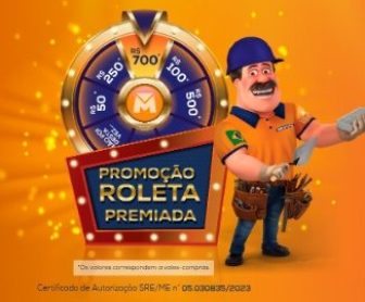 Imagem ilustrativa da Promoção Obramax Roleta Premiada, destacando os prêmios em vouchers de até R$ 700, com o logo da Obramax e a roleta digital.