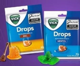 Imagem ilustrativa da campanha de distribuição gratuita de pastilhas Vick Drops, promovida pela Mimoo, com amostras nos sabores Mel, Mentol e Gengibre, disponíveis para retirada nos pontos de resgates.