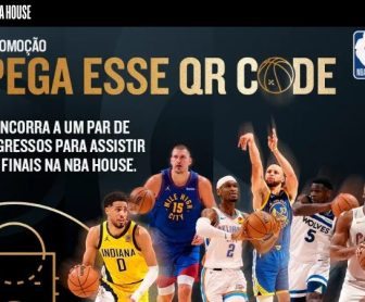 Banner promocional da campanha “NBA House 2025 – Pega Esse QR Code”, com destaque para QR Code escaneável, datas do evento, logotipo da NBA e imagens temáticas de basquete, convidando o público a participar da promoção e concorrer a ingressos gratuitos.