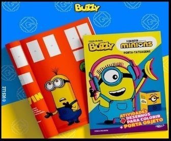 Imagem do Porta-Tatuagens Buzzy Minions, com figurinhas exclusivas e interativas para crianças, inspirado nos personagens icônicos dos Minions. A imagem destaca a possibilidade de recortar e montar o porta-objetos em casa, oferecendo diversão e criatividade para os pequenos.