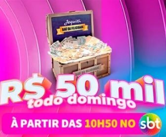 Imagem da Promoção Pião da Felicidade SBT da Jequiti, com destaque para o prêmio principal de até R$ 50.000,00 em certificado de barra de ouro. Na imagem, o famoso pião da sorte do SBT é apresentado em cores vibrantes, chamando a atenção para os prêmios que podem ser conquistados por clientes do Carnê do Baú da Felicidade.