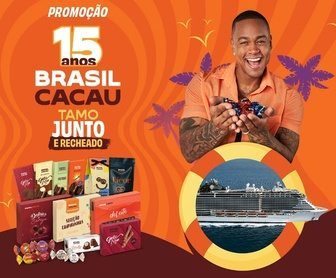 Imagem promocional da Brasil Cacau destacando a campanha de 15 anos da marca, com prêmios como cruzeiros no MSC Seaview e vouchers de R$ 100. A arte inclui elementos visuais festivos, como chocolates e o logotipo da Brasil Cacau.