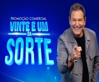 Cartaz promocional da Promoção Vinte e Um da Sorte da Tele Sena, com destaque para os prêmios em barras de ouro e a participação no programa exibido pelo SBT.