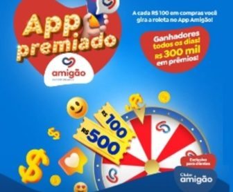 Imagem promocional do Amigão Supermercados anunciando a Promoção App Premiado, destacando a Roleta Digital e os prêmios de vale-compras que podem ser ganhos pelos clientes.