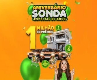 Banner promocional de 50 anos do Sonda Supermercados com chamada para concorrer a R$ 1 milhão em prêmios, incluindo vales-compras e carros, destacando formas de participação e período da promoção.