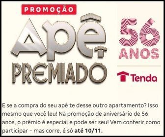 Banner da Promoção Apê Premiado Tenda 56 anos, destacando o prêmio de R$ 225.000,00 e apartamentos modernos.