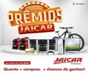 Imagem ilustrativa da promoção 'Show de Prêmios Jaicar 2024', destacando os prêmios disponíveis, incluindo consoles Playstation 5, Smart TVs, bicicletas e eletrodomésticos. O fundo apresenta o logotipo da Jaicar Autopeças e informações sobre como participar da promoção ao realizar compras nas lojas participantes.