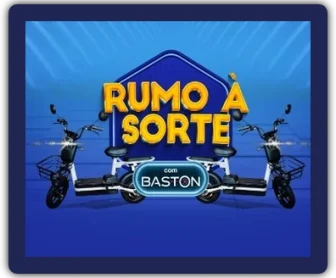 Imagem promocional da campanha "Rumo à Sorte com Baston", destacando o sorteio de 13 scooters elétricas, com os logotipos das marcas participantes (ABOVE®, PRO INSET®, PURO AR®) e informações sobre como participar por meio de compras nos Supermercados Bavaresco e Bavaresco Atacado.