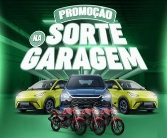 Imagem promocional da Promoção Sorte na Garagem XII, destacando carros BYD e motos Yamaha como prêmios, com informações sobre como participar e se cadastrar.