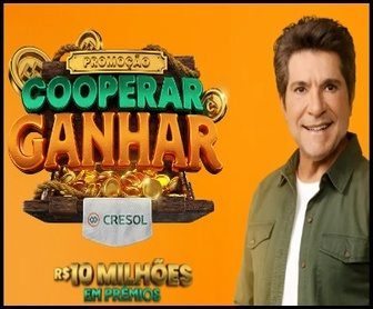 Imagem promocional da campanha Cresol Cooperar é Ganhar 2025, destacando o prêmio total de mais de R$ 10 milhões, sorteios com cartões pré-pago Elo, barras de ouro e a participação especial do cantor Daniel.