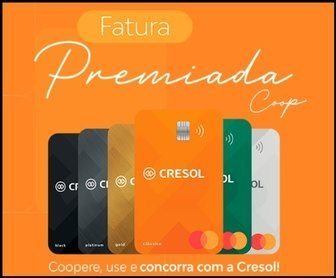 Imagem promocional da campanha Fatura Premiada Cresol Fronteiras Coop, mostrando cartão de crédito Cresol, valores em destaque como R$ 2.000,00 e R$ 112.000,00, e frases chamativas convidando associados a participar e ganhar créditos na fatura pagando contas acima de R$ 200,00.