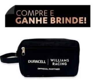 Imagem de divulgação da Promoção Duracell 2024 Esquenta Fórmula 1, mostrando uma necessaire exclusiva com a marca Duracell e o logotipo da Williams Racing ao lado de um chaveiro estilizado do mascote Coelhinho Duracell. Também aparecem caixas de pilhas Duracell AA e AAA que fazem parte do combo promocional.