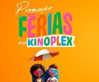 Imagem promocional da Promoção Férias no Kinoplex, destacando prêmios como passaportes para 1 ano de cinema grátis, vouchers de R$ 500,00 para bomboniere e baldes de pipoca promocionais. A imagem apresenta cores vibrantes, o logo do Kinoplex e a chamada para participar, com o link para o site oficial: www.kinoplex.com.br/feriasnokino.