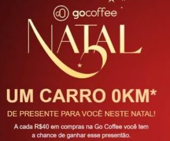 Imagem promocional da Promoção Natal da Sorte Go Coffee 2024, destacando a chance de ganhar um Renault Kwid 0km ao participar da campanha. A imagem inclui elementos festivos de Natal, o logotipo da Go Coffee, ilustrações de café e do prêmio em destaque para chamar a atenção dos clientes.