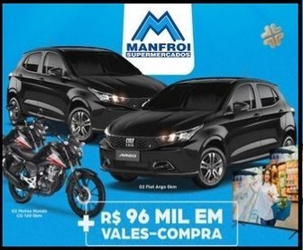 Imagem promocional da Promoção Acelere Sua Sorte do Manfroi Supermercados, destacando os prêmios como carros, motos e vales-compras, com a informação sobre como participar e ganhar.